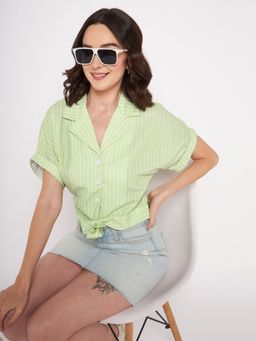 Madame - Green Notched Lapel Half Sleeves Shirts