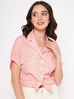 Madame - Peach Notched Lapel Half Sleeves Shirts