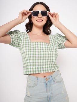 Madame - Green Square Neck Half Sleeves Crop Tops