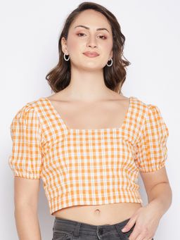 Madame - Orange Square Neck Half Sleeves Crop Tops