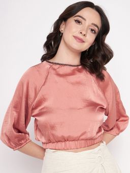 Madame - Pink Boat Neck Half Sleeves Crop Tops