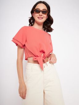 Madame - Coral Boat Neck Half Sleeves Crop Tops