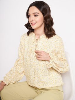Madame - Yellow Mandarin Neck Full Sleeve Tops