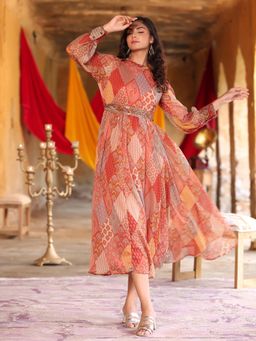 Juniper - Peach Geometric Printed Chiffon Maxi Dress with Sequins Work