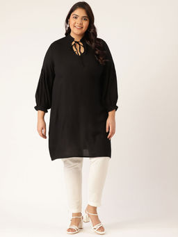 theRebelinme - Women's Black Solid Color Notch Neck Tunic