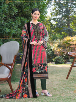 MOJILAA - Multi-Color Striped Embroidered Pakistani Style Kurta with Pants & Dupatta (Set of 3)