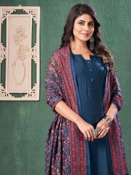 MOJILAA - Navy Blue Roman Silk Solid Straight Kurta with Pant and Printed Dupatta (Set of 3)