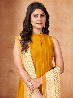 MOJILAA - Mustard Roman Silk Solid Straight Kurta with Pant and Printed Dupatta (Set of 3)