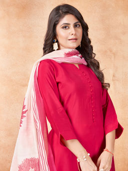 MOJILAA - Fuchsia Pink Roman Silk Solid Straight Kurta with Pant and Printed Dupatta (Set of 3)