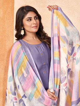 MOJILAA - Lavender Roman Silk Solid Straight Kurta with Afghani Salwar and Dupatta (Set of 3)