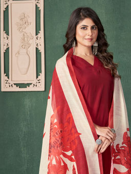 MOJILAA - Maroon Roman Silk Solid Straight Kurta with Afghani Salwar and Dupatta (Set of 3)