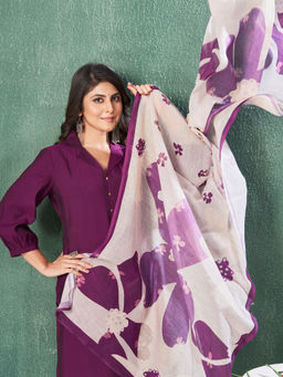 MOJILAA - Purple Roman Silk Solid Straight Kurta with Afghani Salwar and Dupatta (Set of 3)
