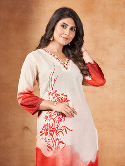 MOJILAA - Cream Muslin Ombre Printed Embroidered Straight Kurta with Pant (Set of 2)