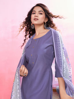 MOJILAA - Women's Lavender Roman Silk Kurta with Afghani Salwar and Printed Dupatta (Set of 3)