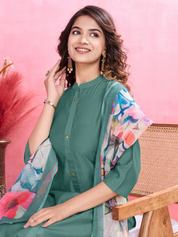 MOJILAA - Women's Sea Green Roman Silk Kurta with Afghani Salwar and Printed Dupatta (Set of 3)