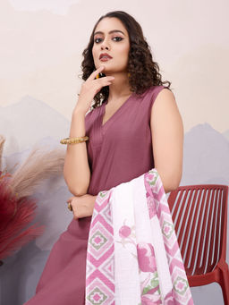 MOJILAA - Women's Mauve Roman Silk Kurta with Pant and Printed Dupatta (Set of 3)