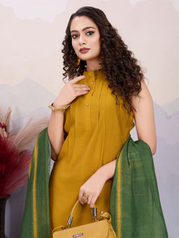 MOJILAA - Women's Mustard Roman Silk Kurta with Pant and Printed Dupatta (Set of 3)