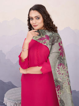 MOJILAA - Women's Fuchsia Pink Roman Silk Kurta with Pant and Printed Dupatta (Set of 3)