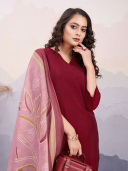 MOJILAA - Women's Maroon Roman Silk Kurta with Afghani Salwar and Printed Dupatta (Set of 3)