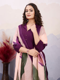 MOJILAA - Women's Purple Roman Silk Kurta with Afghani Salwar and Printed Dupatta (Set of 3)