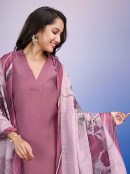 MOJILAA - Women's Mauve Roman Silk Kurta with Pant and Printed Dupatta (Set of 3)