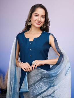 MOJILAA - Women's Navy Blue Roman Silk Kurta with Pant and Printed Dupatta (Set of 3)