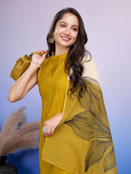 MOJILAA - Women's Mustard Roman Silk Kurta with Pant and Printed Dupatta (Set of 3)