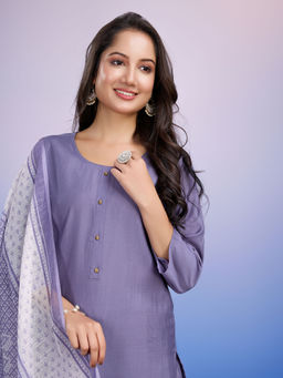 MOJILAA - Women's Lavender Roman Silk Kurta with Afghani Salwar and Printed Dupatta (Set of 3)