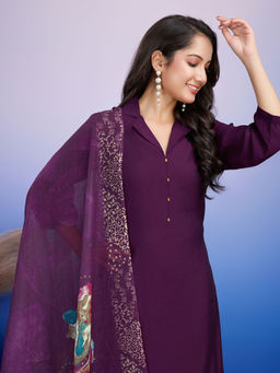 MOJILAA - Women's Purple Roman Silk Kurta with Afghani Salwar and Printed Dupatta (Set of 3)