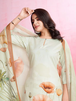 MOJILAA - Women's Light Green American Crepe Floral Kurta with Pant & Dupatta (Set of 3)