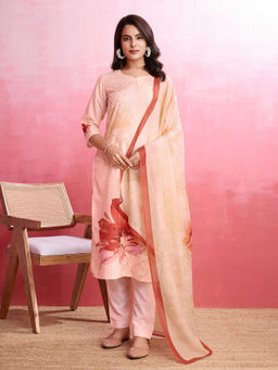 MOJILAA - Women's Peach American Crepe Floral and Leaf Kurta with Pant and Dupatta (Set of 3)