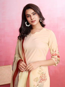 MOJILAA - Women's Beige American Crepe Floral and Leaf Kurta with Pant and Dupatta (Set of 3)