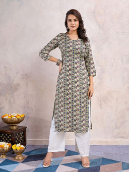 MOJILAA - Womens Multi-Color Linen Floral Printed Straight Kurta