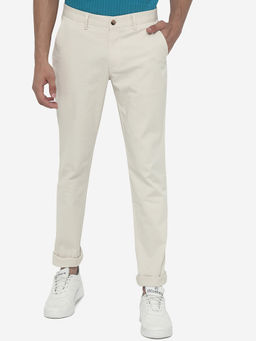 Greenfibre - Men's Solid Cream Cotton Super Slim Fit Casual Trouser