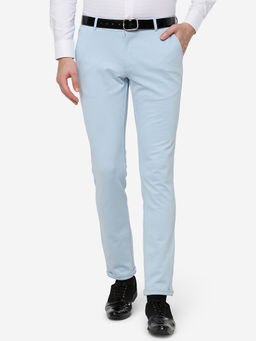 JB Studio - Men's Solid Sky Blue Cotton Blend Slim Fit Formal Trouser