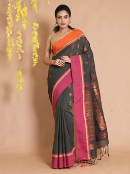 CHARUKRITI - Sap Green Cotton Handwoven Zari Ethnic Motifs & Dual Borders Saree with Unstitched Blouse