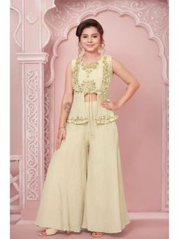 Lagorii - Designer Cream 3-piece Embroidered Crop Top with Palazzo & Jacket