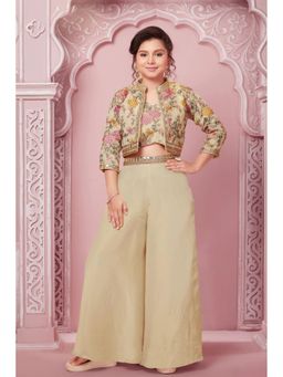 Lagorii - Cream Heavy Embroidered Crop Top With Palazzo & Jacket