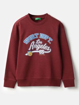 United Colors of Benetton - Regular Fit Round Neck Patch Work Maroon Sweatshirt