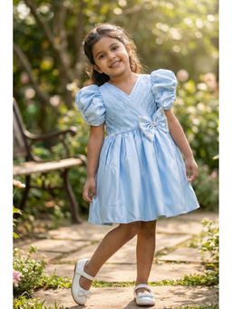 Lagorii - Blue Pleated Satin Party Wear Frock With Puff Sleeves