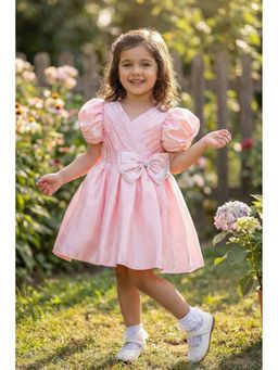 Lagorii - Pink Pleated Satin Party Wear Frock With Puff Sleeves