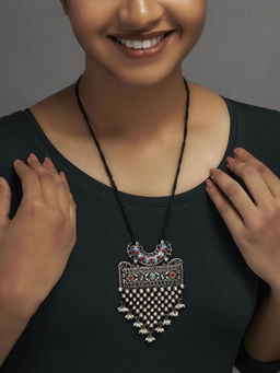 Divas Mantra - 92.5 Silver Oxidised Sigil Pendant with Coral, Turquoise Stone and Red Spinel Stone