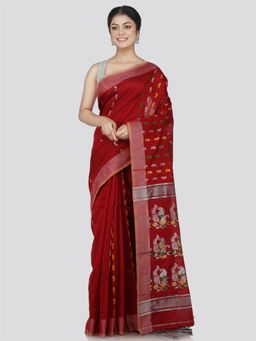 PinkLoom - Women's Cotton Blend Saree with Unstitched Blouse Piece, Maroon