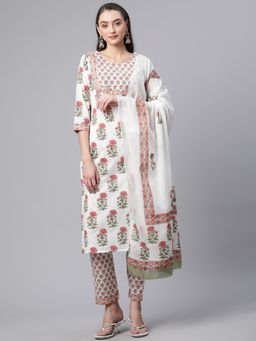 Divena - White Floral Kurta Pant with Mulmul Dupatta (Set of 3)