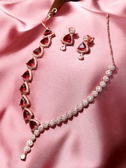 Voylla - American Diamond CZ Rose Gold Plated Pearl Necklace Red Stone (Set of 3)