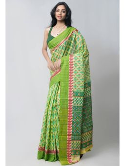 Unnati Silks - Green Pure Mangalgiri Hand Block Printed Cotton Saree with Unstitched Blouse
