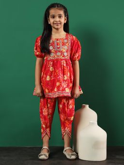 Readiprint - Frock Style Cotton Red Kurti with Dhoti Pants (Set of 2)