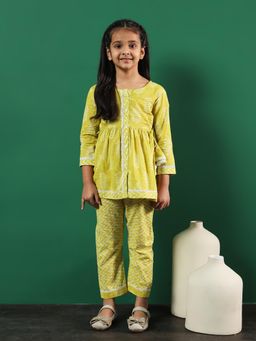 Readiprint - Frock Style Cotton Lime Green Kurti with Pants (Set of 2)