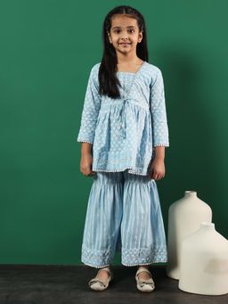 Readiprint - Frock Style Cotton Blue Kurti with Sharara (Set of 2)