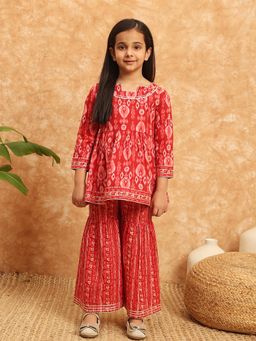 Readiprint - Frock Style Cotton Red Kurti with Sharara (Set of 2)